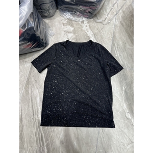 JUZI96217夏季V领短袖T恤女2024新款黑色亮晶晶宽松显瘦打底上衣