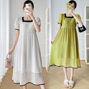 孕妇连衣裙夏装新品韩版法式方领时尚套头中长款裙子仙女裙夏季女
