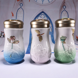 正品乾唐轩活瓷杯 彩绘蜻蜓夏荷随身杯高杯单层400ml陶瓷便携水杯