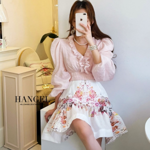 韩国代购官网正品春新款HANGEL浪漫甜美木耳边衬衫+花色短裙套装