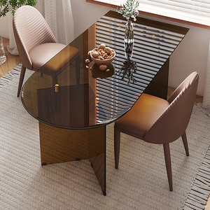 简约钢化玻璃餐桌北欧轻奢半圆岛台一体现代设计桌子长方形小户型