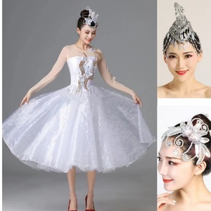 现代舞蹈演出服芭蕾白色表演服装开场舞蓬蓬连衣裙歌伴舞长纱裙女