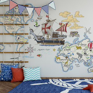 卡通动物地图航海儿童房帆船墙纸地中海男孩壁画历险独角兽墙布