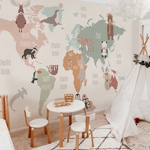 动物世界地图男女孩儿童房环保墙纸游乐园母婴店壁布书房全屋墙布