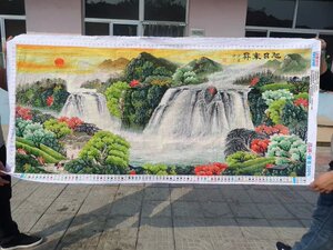 纯手工十字绣成品旭日东升财源广进流水生财江山如画山水绣好出售