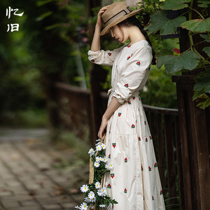 现货【云落山樱】春季气质连衣裙女长袖2024年新款纯棉长裙碎花裙