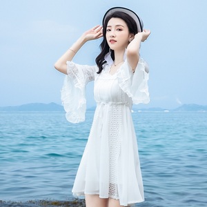 海南三亚白色旅游连衣裙花瓣袖雪纺蕾丝短裙超仙女海边度假沙滩裙