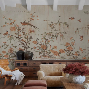 新中式花鸟墙纸客厅电视背景墙壁纸沙发茶室墙布定制壁画民宿壁布