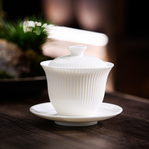 功夫盖碗茶具纯白色羊脂陶瓷纹理简约三才茶碗单个家用大号泡茶杯