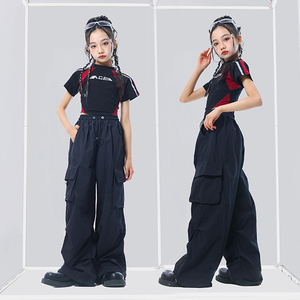 炸街女童套装韩版夏季网红童装洋气露肚爵士舞服装时髦走秀工装裤