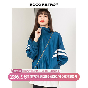 ROCO抗皱复古时髦蓝色棒球服女短外套2024春季新款休闲夹克上衣