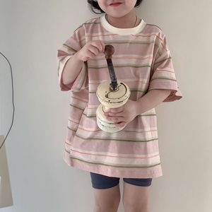 鲍小鱼2024夏季新款韩国童装男女儿童休闲宽松撞色条纹短袖棉T恤