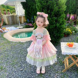 女童连衣裙洛丽塔粉绿色白色雪纺刺绣夏公主裙中国风生日礼服裙子
