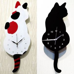 包邮现代创意摆尾猫挂钟客厅儿童房静音钟表卡通可爱猫咪摇摆时钟