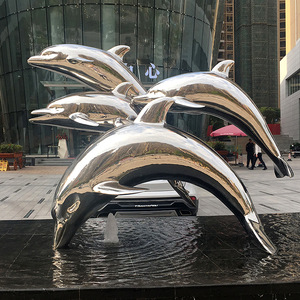 户外大型鱼群海豚不锈钢雕塑动物雕塑广场水池喷泉水景雕塑定制