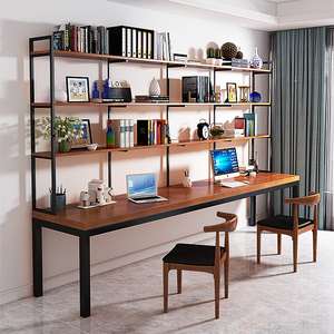 美式实木铁艺书桌书架组合家用书柜书桌一体简约桌子电脑桌写字台