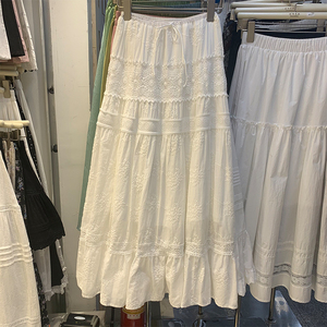 白色蕾丝半身裙女2024春季新款韩版棉质蛋糕裙拼接提花大摆长裙子