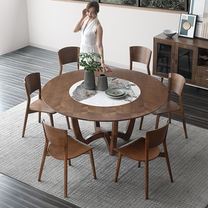 岩板纯实木餐桌圆形内嵌转盘现代简约白腊木新中式圆餐桌椅组合