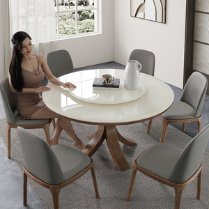 纯天然白冰玉大理石餐桌椅组合全套2024新款带转盘家用10人大圆桌