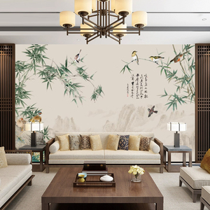 新中式电视背景装饰墙纸客厅沙发竹子花鸟壁画8D卧室山水墙布壁纸
