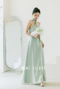 MiaoSelect＜岱海＞气质挂脖优雅缎面长裙新娘伴娘婚礼