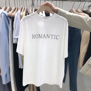 ROMANTIC字母中长款纯棉短袖t恤2024夏季新款宽松上衣韩国女装潮