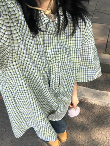 日系短袖格子衬衫女夏季设计感小众宽松百搭男女款休闲衬衣外套潮