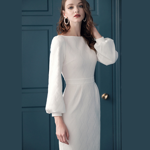 2024新款春季气质连衣裙长袖白色针织欧美高端大牌高冷女神范女装