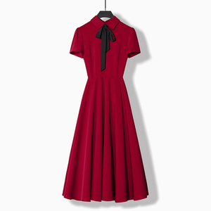 赫本风红裙礼服减龄连衣裙女夏法式复古显瘦气质酒红色长款裙子女