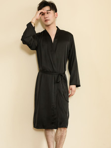 新款黑色睡袍定制拉丁舞战袍冰丝男女模特走秀长袖情侣加长款浴袍