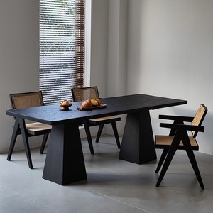 侘寂风创意实木餐桌现代白蜡木办公桌简约黑色工作台茶桌客厅长桌