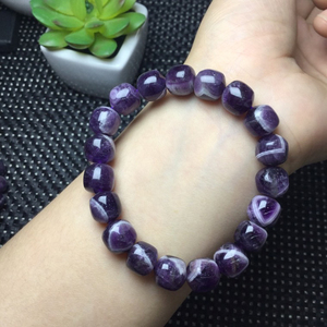 天然梦幻紫水晶桶珠手链 女款紫白色水晶条纹手串饰品礼物