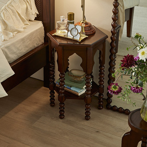 美式复古实木床头柜卧室边几镂空六角台黑色简约客厅置物