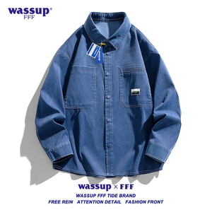 WASSUP FFF牛仔衬衫男长袖春秋宽松日系city boy休闲衬衣夹克外套