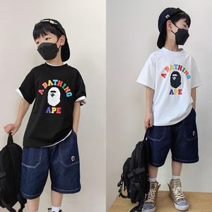 男童T恤2024年夏季日系童装女童宝宝上衣彩色字母猴子儿童短袖