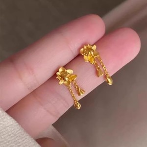 24K纯金莲花流苏耳环复古时尚5G黄金两世欢耳钉女新款999足金耳坠