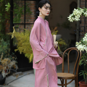 第九云《游园惊梦》新中式粉色旗袍交襟长袖日常可穿中国风套装