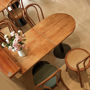 美式复古餐桌实木咖啡桌圆桌日式网红奶茶甜品店方餐桌椭圆形桌子