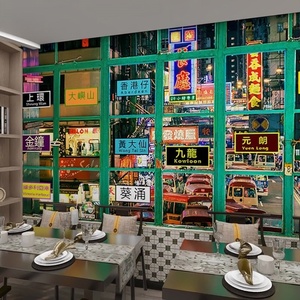 香港招牌街景墙纸港风怀旧瓷砖假窗户港式风格壁画茶餐厅冰室壁纸