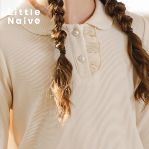 LittleNaive女童春季新款娃娃领针织衫纯色t恤儿童百搭打底衫上衣