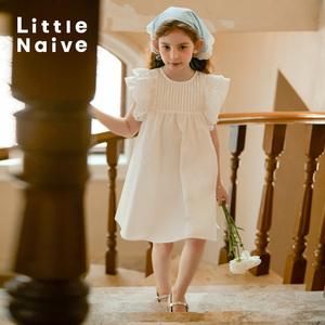 LittleNaive女童连衣裙夏季新款白色法式连衣裙儿童纯棉宽松裙子