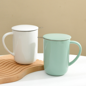 陶瓷大容量马克杯带茶漏男女款简约带盖茶水分离办公室情侣水杯