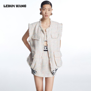 LEDIM WANG2023春夏季新款小香风粗花尼背心外套设计感毛边上衣女