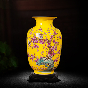 景德镇陶瓷器黄色小花瓶插花摆件中式客厅博古架家居装饰品工艺品