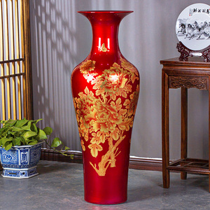 景德镇陶瓷器高档中国红牡丹落地大花瓶欧式客厅摆件大号特大开业