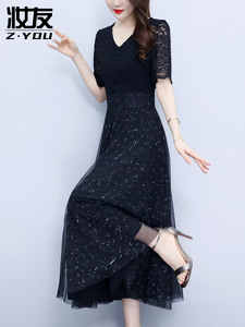 法式高级感黑色星空连衣裙女夏季正式场合礼服裙2024新款雪纺裙子
