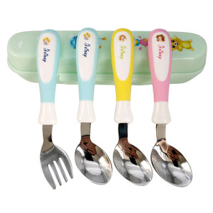 儿童弯头勺子叉子餐具套装宝宝练习吃饭训练吃面不锈钢歪把水果叉