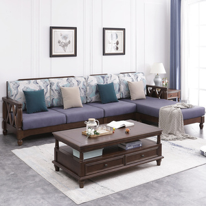 美式转角沙发组合L型贵妃直排四人位客厅复古乡村风实木布艺沙发