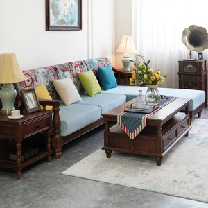 美式乡村转角沙发全实木布艺直排四人位L型贵妃简美复古客厅家具
