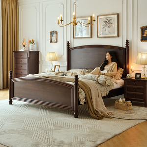 美式床实木床全原木1.5 1米8双人床核桃木卧室家具气压高箱储物床